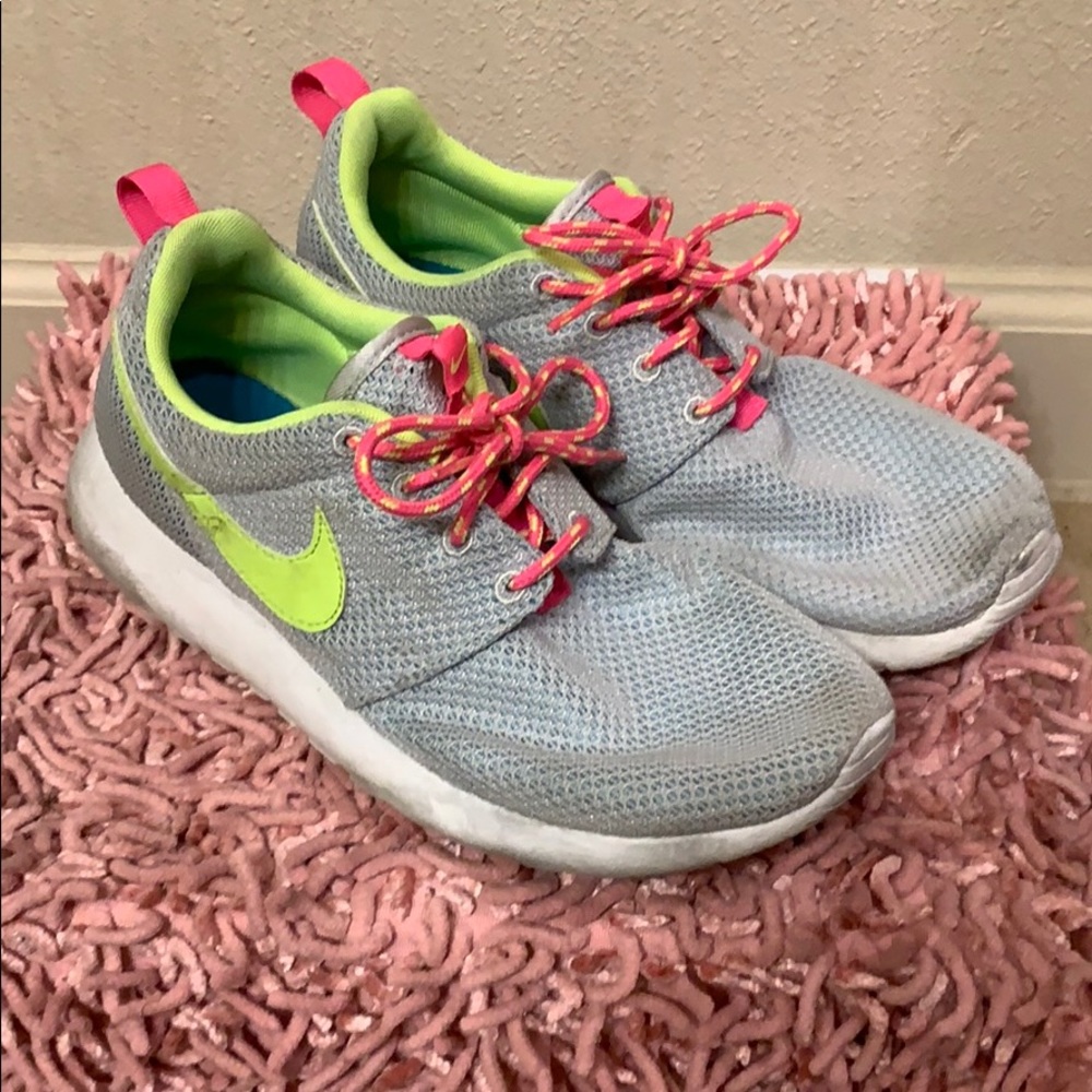 Grey, Pink, and Lime Nike Roshes